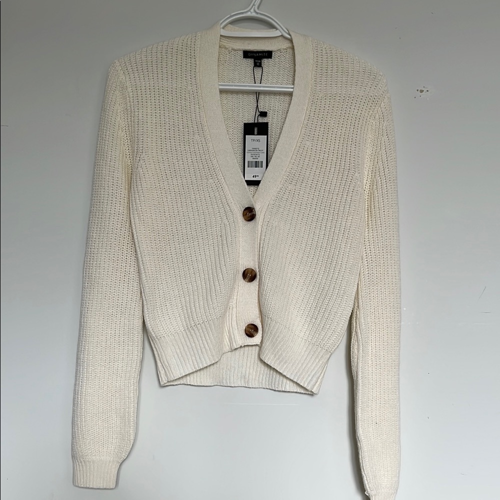 Dynamite Cream Button-Front Cropped Knit Cardigan